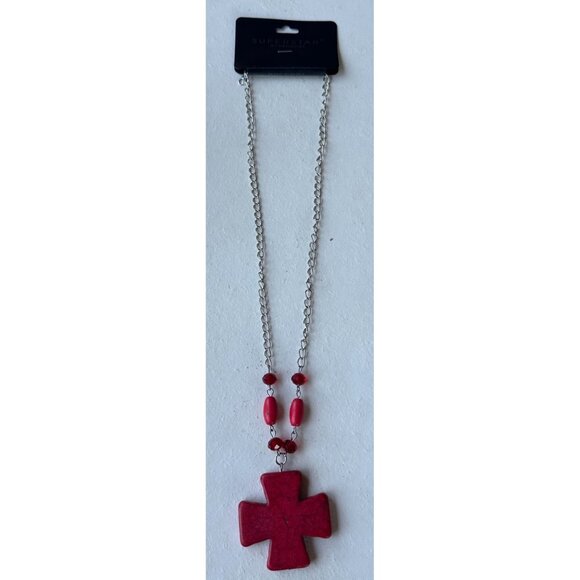 Superstar Accessories Fashion Jewelry Red Beaded Necklace w/Cross (NEW) - Picture 2 of 10
